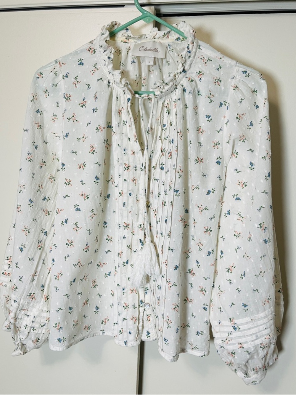 Cleobella White Floral Pintuck Ruffle Tie Blouse